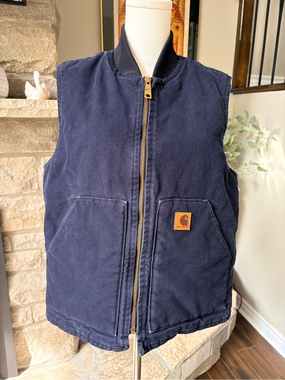 Carhartt V02 Navy Blue Quilted Lined Duck Canvas Work Vest Men's Medium